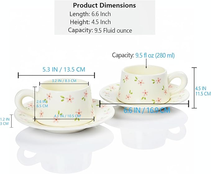 Tea Cup and Saucers, 9.5 oz Floral Tea Cups, Porcelain Teacup, Coffee Cappuccino Espresso Latte Mugs, Floral Design for Party Birthday Cafe Home, Christmas Gifting, flowers Set of 2