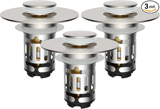 Hibbent 3 Pack 3 in 1 Bathroom Sink Drain Strainer, Universal Pop Up Stopper with Removable Stainless Steel Filter Basket Hair Catcher, Sink Plug for 1.1''~2.36'' Basin, Brass Core, Brushed Nickel