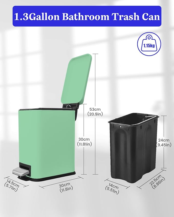 Bathroom Trash Can with Lid, 1.3 Gallon Trash Bin with Liner Bucket, Soft Close lid, Step on Green Trash Can, Stainless Steel Garbage Can for Restroom,Bedroom, Home Office