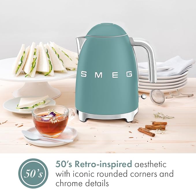 SMEG KLF03 7 Cup Electric Water Kettle, Retro-Style, Soft-Opening Lid, Auto Shut-Off, 360° Swivel Base – Jade