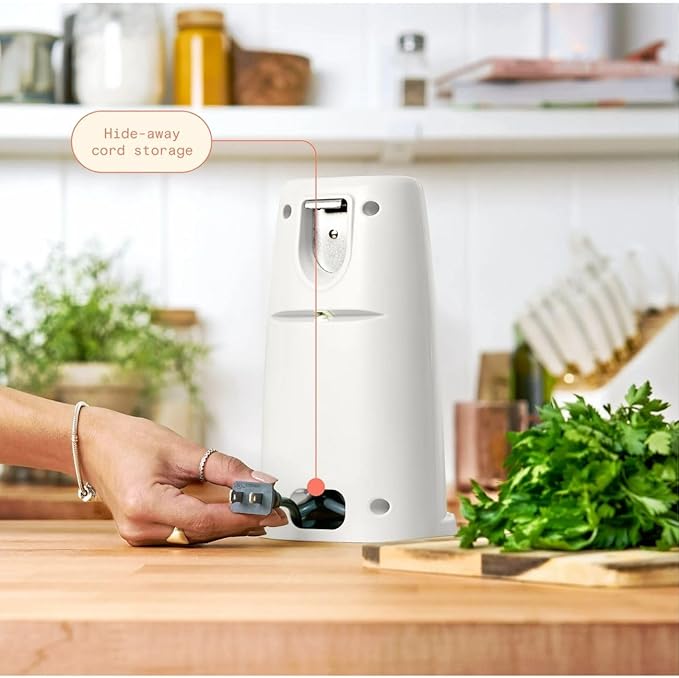 Beautiful Electric Can Opener, Auto-Turn, Knife Sharpener, Bottle Opener, Easy-Clean, Corded, One-Touch, Stainless Steel Blade (White Icing)