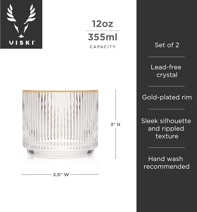 Viski Meridian Crystal Lowball Tumblers, Art Deco Whiskey Glasses, Crystal Scotch Glasses, Old Fashioned Glasses, Ribbed Glassware 12oz Set of 2