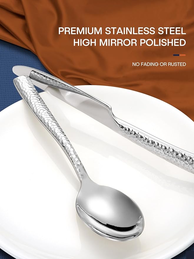 Stapava 48 Pcs Hammered Silverware Set for 8, Stainless Steel Flatware Set with Steak Knives, Mirror Cutlery Include Forks Spoons and Knives Set, Heavy Duty Utensils for Home Hotel, Dishwasher Safe