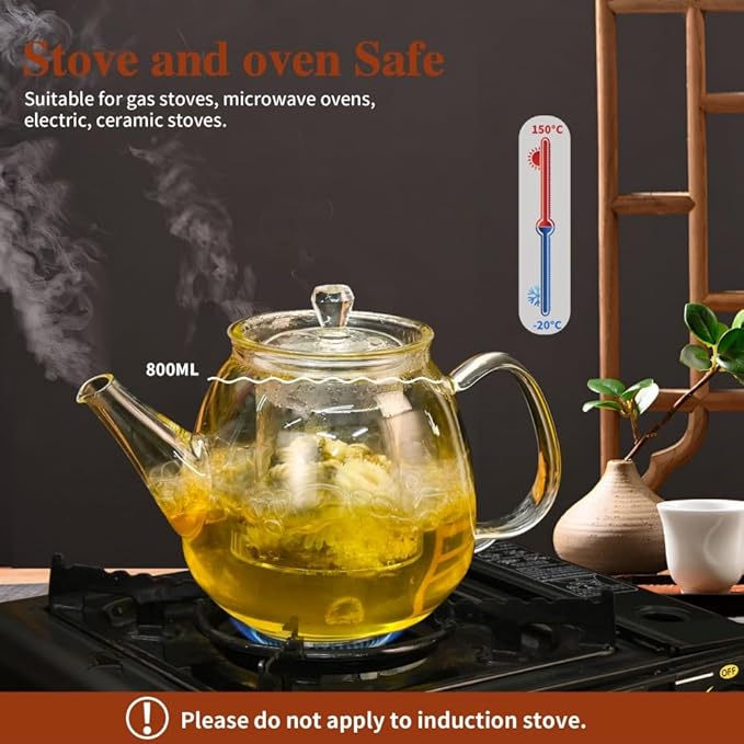 Glass Teapot with Removable Clear Infuser, Ehugos 800ml/27oz Heat Resistant Borosilicate Glass teapot Blooming and Loose Leaf Tea Maker, Microwave & Dishwasher Safe