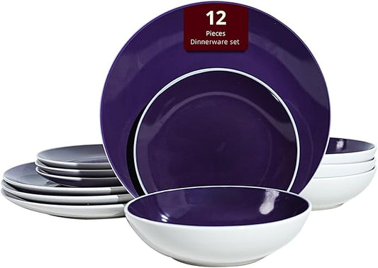 Stoneware Coupe Shape 12pc Dinner Set, Outside White + Inside Purple