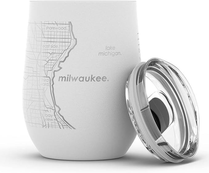 Well Told Engraved Milwaukee Wisconsin Map Insulated Wine Tumbler, Etched Stainless Steel Wine Tumbler (12 oz, White) City Map Insulated Tumbler, Custom Insulated Tumbler, Outdoor Drinkware