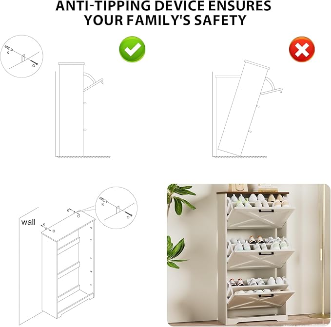Shoe Cabinet for Entryway with 3 Flip Drawers, 3 Tier Freestanding, Slim Narrow Shoe Organizer Cabinet for Entryway, Hallway, Living Room White