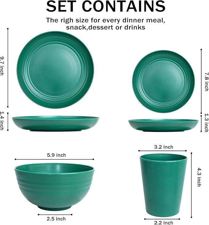 LIYH 24 Pcs Plastic Wheat Straw Dinnerware Set of 6 Plates and Bowls Set Reusable Plates Camping Plates Cups and Bowls Unbreakable Dinnerware Set（Green）