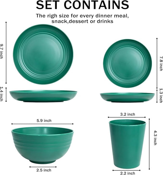 LIYH 24 Pcs Plastic Wheat Straw Dinnerware Set of 6 Plates and Bowls Set Reusable Plates Camping Plates Cups and Bowls Unbreakable Dinnerware Set（Green）