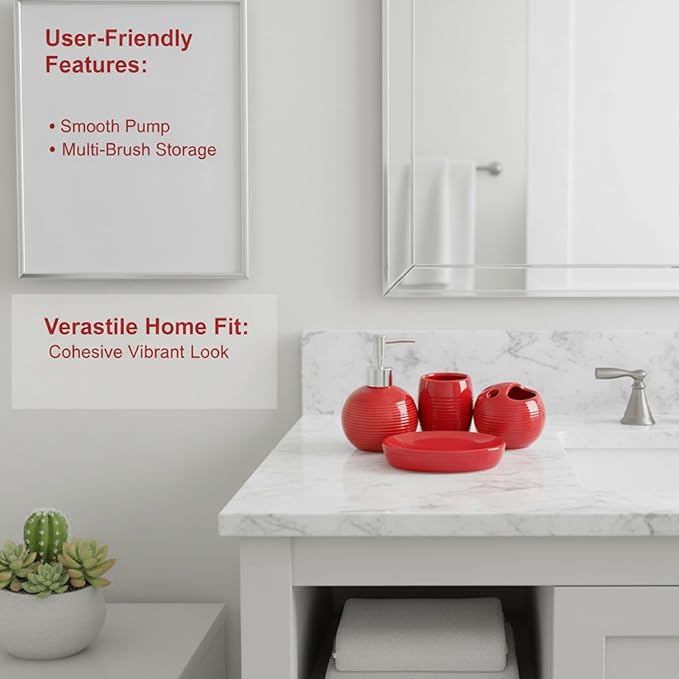 4Pcs Red Bathroom Accessories, Modern Ceramic Bathroom Accessories Set Includes Soap Dispenser, Toothbrush Holder, Tumbler and Soap Dish for Home Apartment, Red Toothbrush Holder
