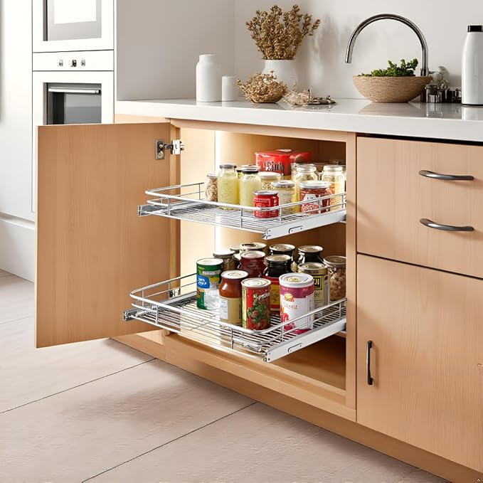 Sliding Cabinet Organizer Pull Out Shelves (11" W x 21" D), Heavy-Duty Slide Out Shelf, Steel Metal Cabinet Roll Out Shelves for Kitchen Bathroom, Chrome