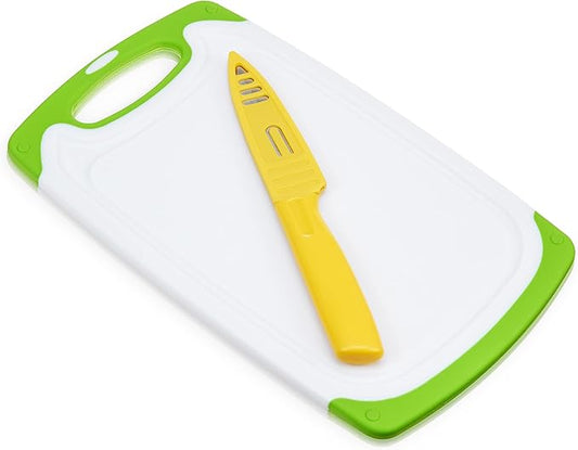 True Small Cutting Board with Stainless Steel Blade Pairing Knife, Non Slip Silicone Grip Plastic Chopping Boards and Knives for Prepping Fruits, Vegetables, Cocktail Ganishes. 2-Piece Set
