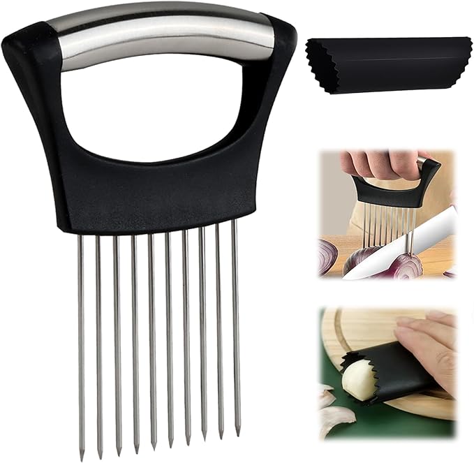 Stainless Steel Onion Holder for Slicing with A Garlic Peeler, Onion Slicer Holder, nion Cutter for Slicing of Onions, Tomatoes, Avocados, Eggs and Other Vegetables, KItchen Utensils