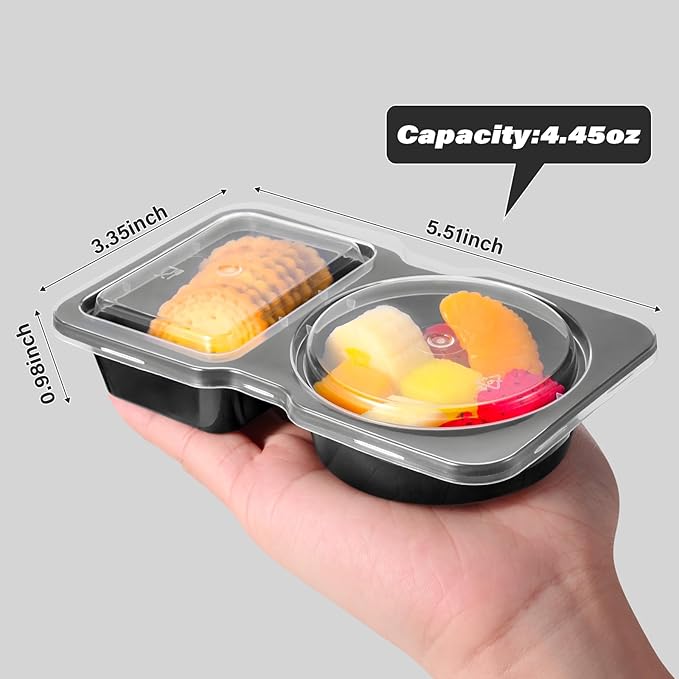 Double Compartment Snack Containers with Lids, 2 Compartment Condiment Container, Plastic Disposable Snack Pack Containers for Sauce, Salad, Food Storage Box(10PCS-Black)