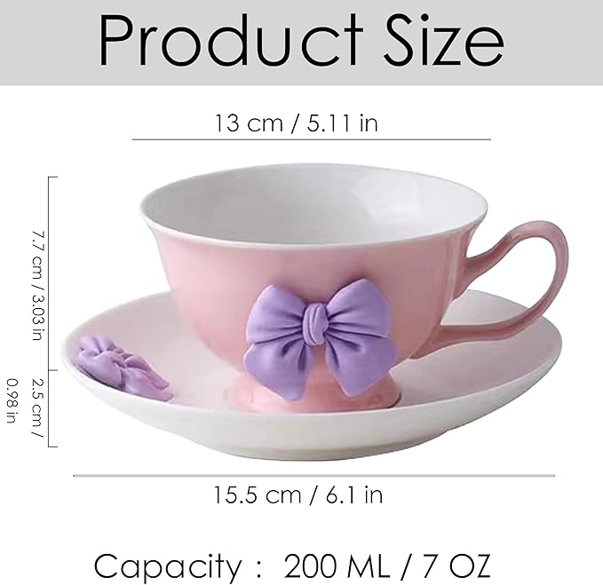 Bow Coffee Mugs Set with Saucer Coquette Mug 200 ML Violet Porcelain Coffee Tea Cup Bow Cute Mug for Women Girl