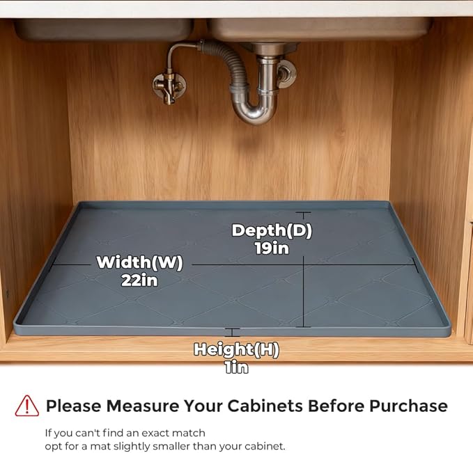Under Sink Mats for Kitchen : Waterproof 19" x 22" Under-Sink Organizers Sink Mat Protectors, Flexible Silicone Drip Tray Pet Food Mats Kitchen Bathroom Drawer Shelf and Cabinet Liner, Grey