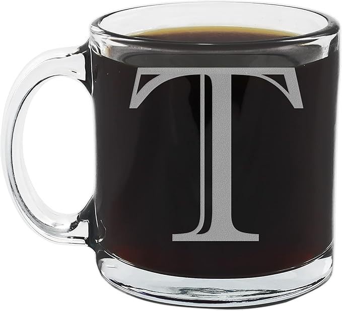 Spotted Dog Company Etched Monogram 12oz Clear Glass Coffee Mug (Letter T), A-Z Customized Coffee Gifts, Custom Engraved Gifts for Women Her, Personalized Gift for Men, Initial