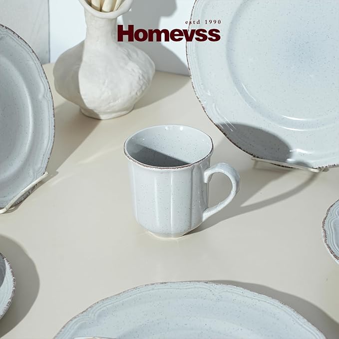 56pc Dinnerware Set, Plate and Bowl Set, Stoneware Dishes Set for 8, Microwave and Dishwahser Safe, Scratch Resistant, French Countryside Speckled Antique Grey