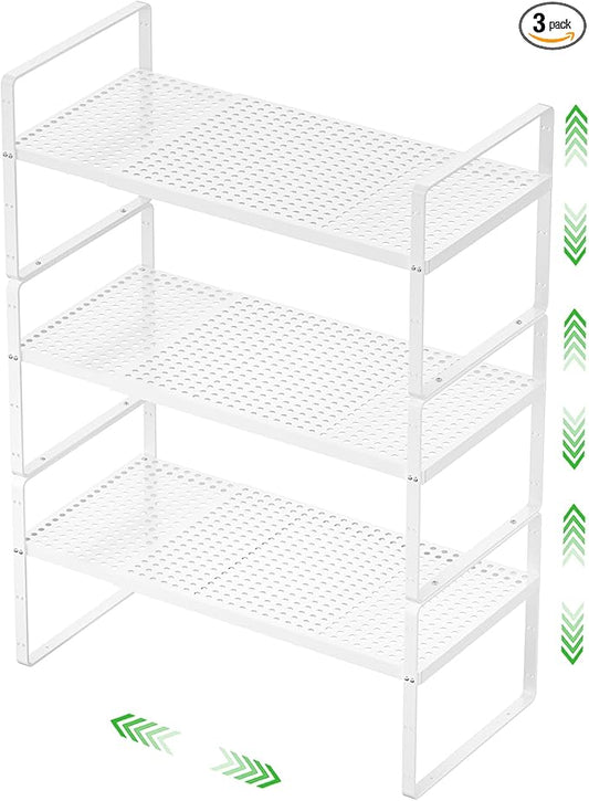Expandable Cabinet Storage Shelf Stackable Organizer Rack for Kitchen Bathroom Pantry Spice Cupboard Coffee Countertop Home Office Desk Heavy Duty Nonslip White Small 3 Packs