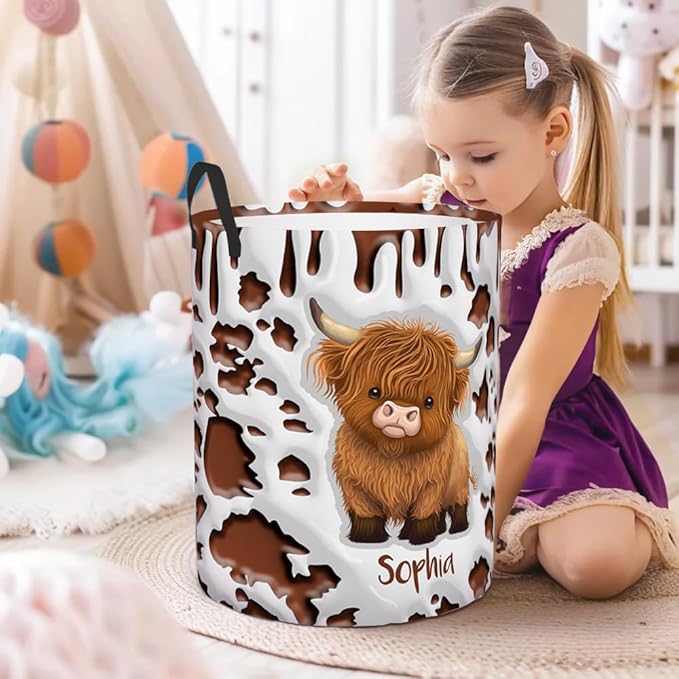 callie Personalized Highland Cow Laundry Basket for Kids, Waterproof Collapsible Laundry Hamper, Clothes Toys Storage Bin for Bedroom Nursery (13.8" x 16.5", 15.7" x 19.6")