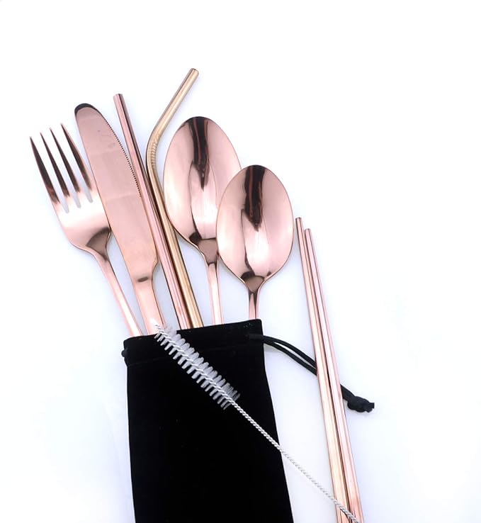 Gugrida Rose Gold Reusable Utensils with Case, Healthy & Eco-Friendly 8 Pieces Portable Stainless Steel Flatware Tableware Dinnerware Set, Portable Travel Camping Cutlery Knife Fork Spoon Straws Set