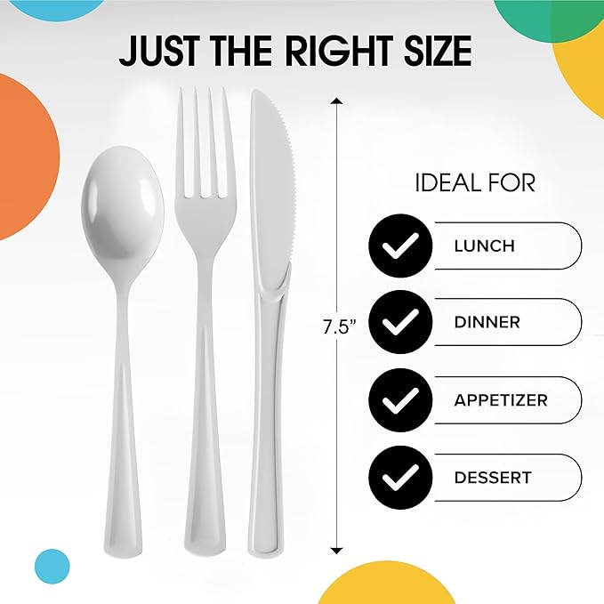 Party Solids White Plastic Silverware Heavy Duty 150 Pieces White Disposable Silverware Heavy Duty, Utensil Sets, 50 Of Each Forks, Knives & Spoons Disposable Cutlery Set For Party Supplies