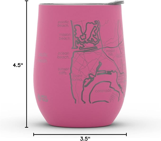 Well Told Engraved San Diego California Map Insulated Wine Tumbler, Etched Stainless Steel Cup (12 oz, Sunset Pink) City Map Insulated Tumbler, Custom Insulated Tumbler, Outdoor Drinkware