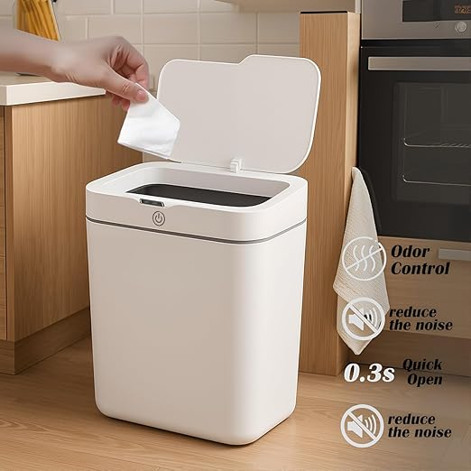 4 Gallon Automatic Sensor Trash Can - Smart Touchless Garbage Bin with Lid, Plastic Waterproof Material for Bathroom, Office, Kitchen, Bedroom (10.63 x 7.17 x 12.13 inches) Two White Pieces
