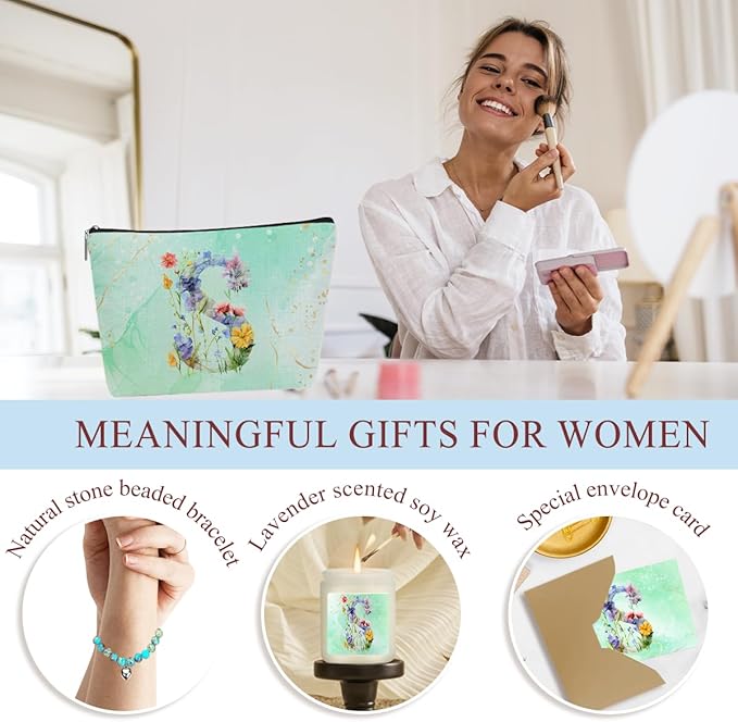 Personalized Gifts Monogrammed Birthday Gifts for Women, New Mom, Grandma Valentine's Day Thank You Christmas, Initial Wine Tumbler Makeup Bag Scented Candle Bracelet Set, (Aesthetic Green Flower S)