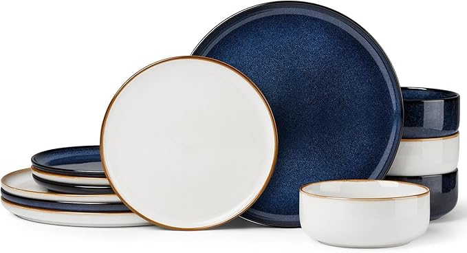 Herogo 12-Piece Stoneware Dinnerware Sets for 4, Dinner Plates and Bowls Sets, Double Reactive Glaze Dishware Place Setting for Kitchen, Scratch Resistant, Microwave Safe, Ivory White & Starry Blue