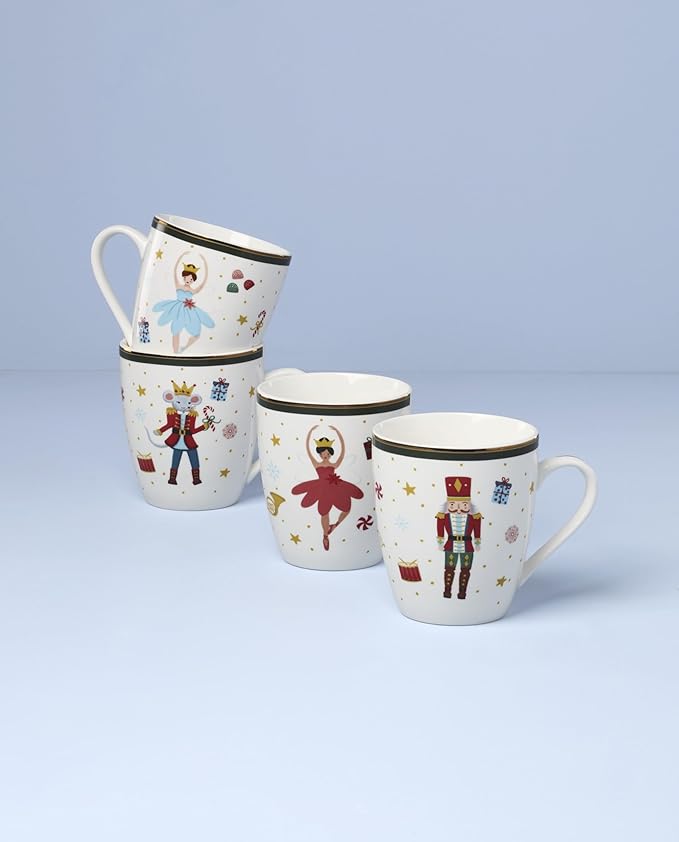Lenox Coffee Mugs, Set Of 4 Nutcracker Ballet 13 Oz Coffee Mugs, Porcelain Material with Gold Accents, Dishwasher and Microwave Safe, Assorted Nutcracker Design, Christmas Decorations (13 Oz, 4 Piece)