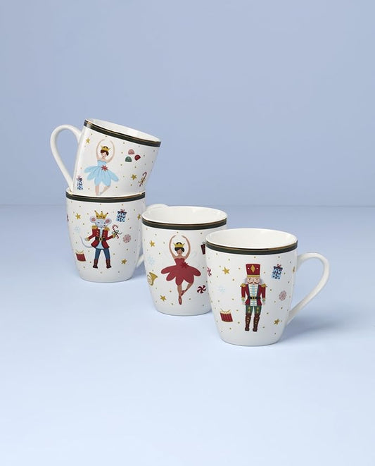 Lenox Coffee Mugs, Set Of 4 Nutcracker Ballet 13 Oz Coffee Mugs, Porcelain Material with Gold Accents, Dishwasher and Microwave Safe, Assorted Nutcracker Design, Christmas Decorations (13 Oz, 4 Piece)