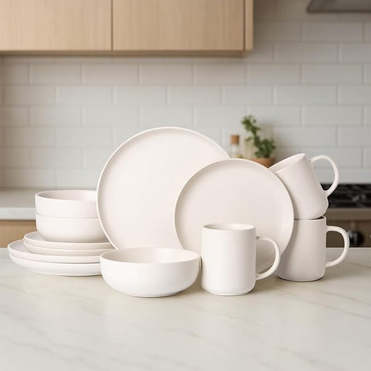 12-Piece Stoneware Dinnerware Set with Mugs | Microwave and Dishwasher Friendly | Stackable Matte Glaze Plates & Bowls | Service for 3 (White for 3)