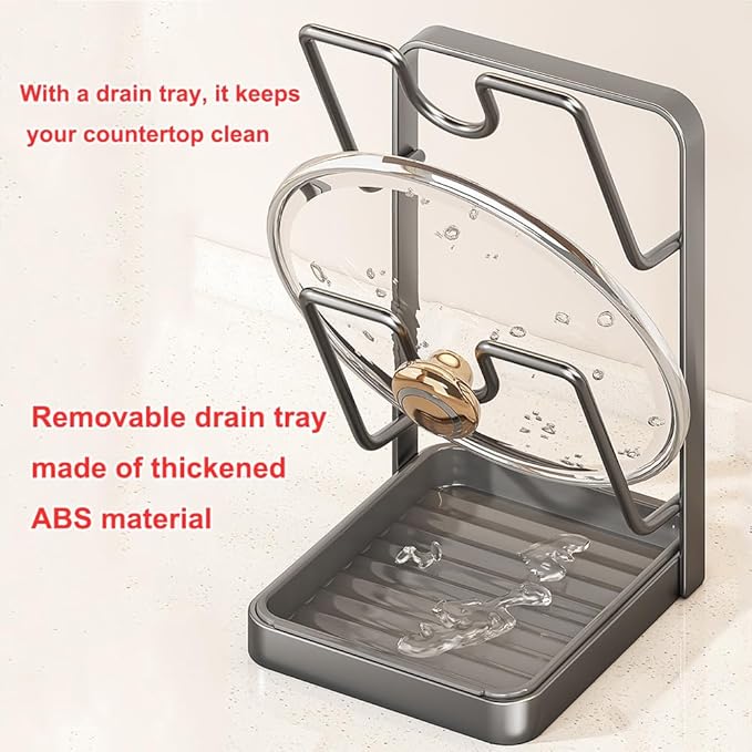Kitchen Pot Lid Storage Rack with Tray, Pot Lid Organizer Rack While Cooking, Multifunctional Carbon Steel Kitchen Pot Lid and Spoon Storage Rack for Counter (Grey, Single-Layer)