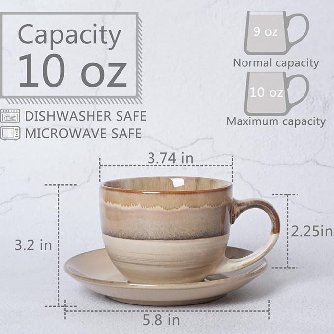 Bosmarlin Ceramic Cappuccino Cup and Saucer Set of 2, 10 Oz, Coffee Cups for Latte, Espresso, Tea, Dishwasher and Microwave Safe, Reavtive Glaze (Brown Grey)