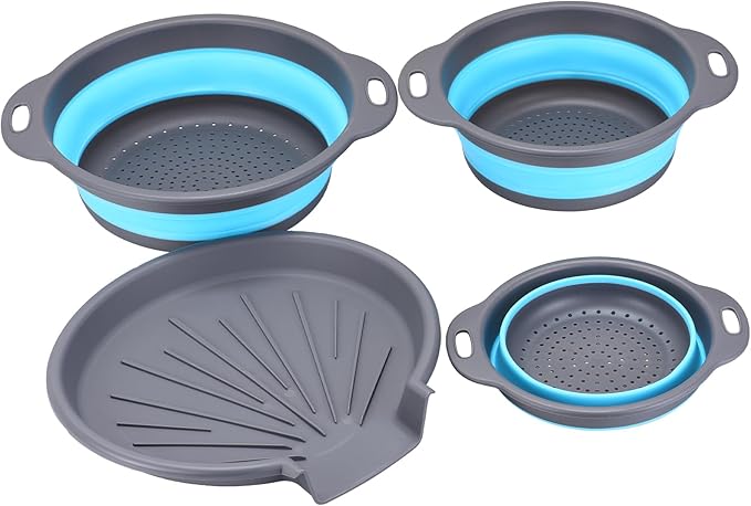 Collapsible Colander Set with Universal Draining Tray | 3-Pack Foldable Kitchen Strainers + Base | Space Saving for Pasta, Veggies, Fruit & Rice | 5 Colors (Gray-Blue)