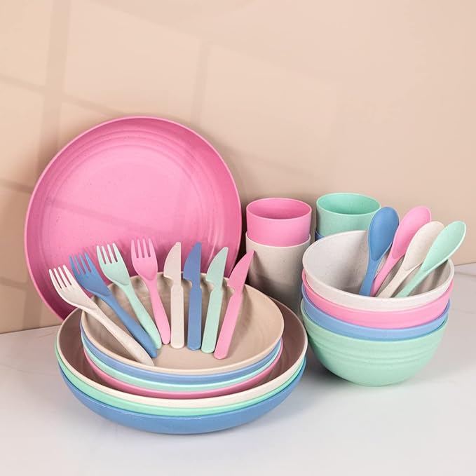 Supernal 32pcs Wheat Straw Dinnerware Sets,Unbreakable Dish,Light Weight Dinnerware Reusable Dishwasher Microwave Safe,Eco Friendly Plates,Cereal Bowls,Cups and Utensils Sets