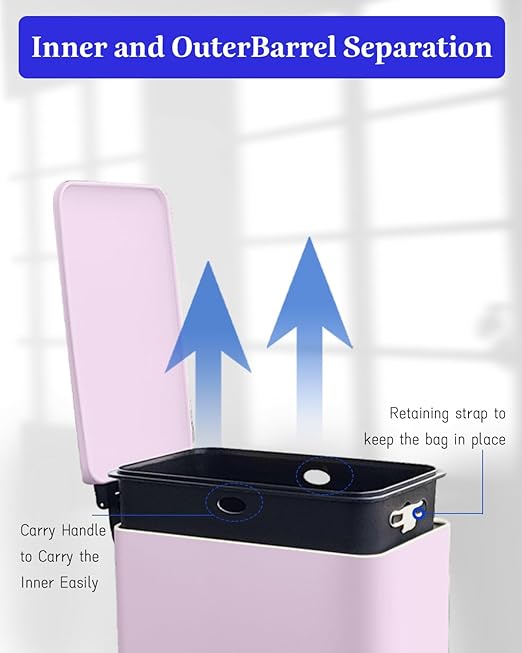 Kitchen Rubbish Bin, 30 L, Slim Pedal Bin with Lid, Stainless Steel Kitchen Rubbish Bin with Inner Bucket, Rectangular Waste Bin for Kitchen, Bathroom, Bedroom, Office, Pink
