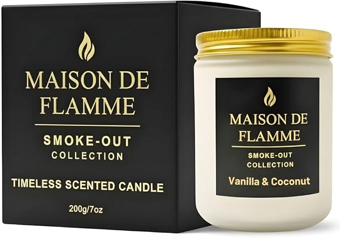 Vanilla & Coconut Odor-Eliminating Scented Candle (White Jar, 200g/7oz) | Long-Lasting Premium Soy Wax Candle for Smoke, Kitchen & Pet Odors