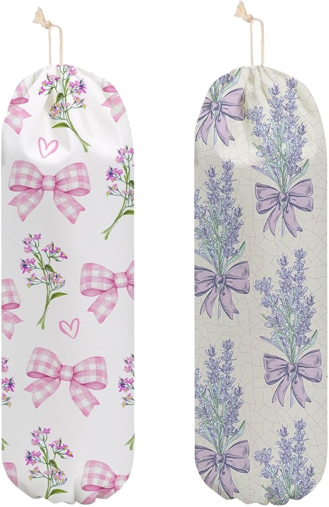 2 Pcs Bow Tie Plastic Bag Holder, Lavender Wall Mount Grocery Bag Holder for Plastic Bags, Washable Reusable Grocery Bags Storage Dispenser for Home Kitchen Pantry Decor, Flowers Gifts for Women Mom