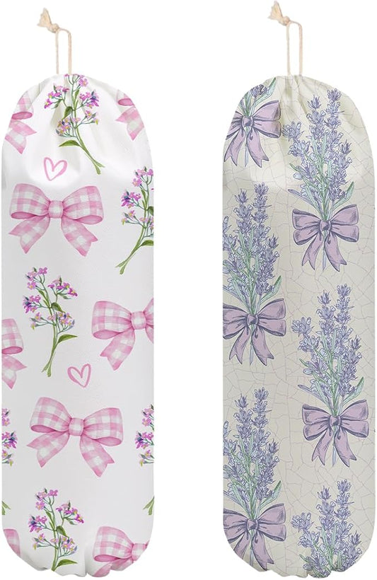 2 Pcs Bow Tie Plastic Bag Holder, Lavender Wall Mount Grocery Bag Holder for Plastic Bags, Washable Reusable Grocery Bags Storage Dispenser for Home Kitchen Pantry Decor, Flowers Gifts for Women Mom