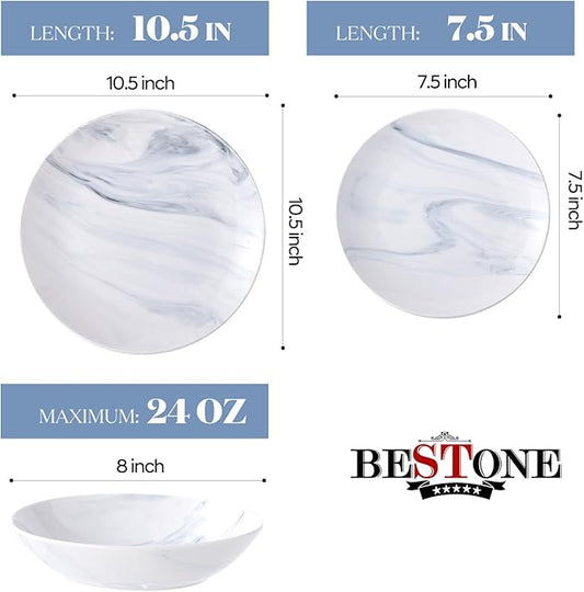 Bestone 12 Pieces Round Kitchen Dinnerware Sets,Plates and Bowls sets,Dishes, Plates, Bowls, Dish Set，Plates and Bowls,Service for 4, Blue and White Marble