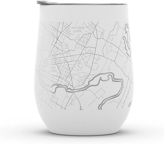 Well Told Engraved Austin Texas Map Insulated Wine Tumbler, Etched Stainless Steel Wine Tumbler (12 oz, White) City Map Insulated Tumbler, Custom Insulated Tumbler, Outdoor Drinkware
