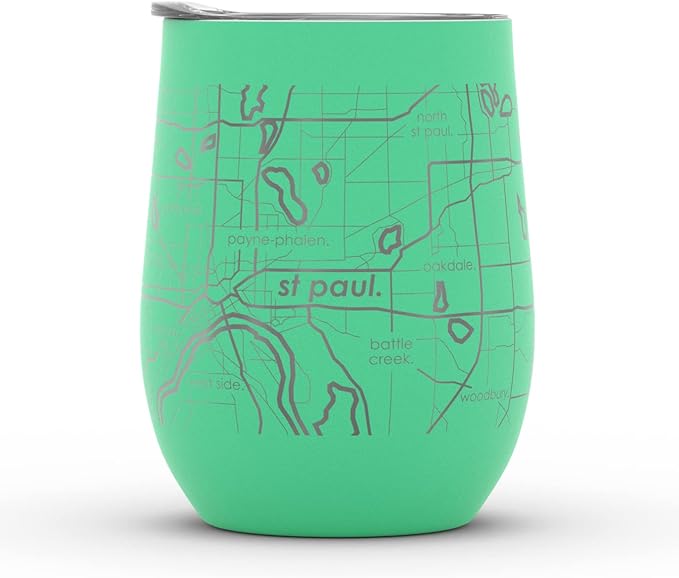 Well Told Engraved Minneapolis Minnesota Map Insulated Wine Tumbler, Etched Stainless Steel Cup (12 oz, Sunday Green) City Map Insulated Tumbler, Custom Insulated Tumbler, Outdoor Drinkware