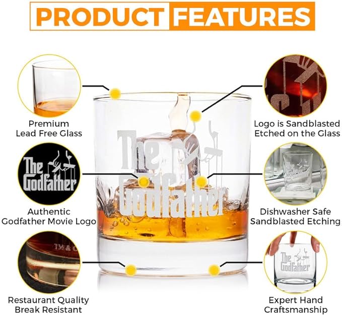 Official Godfather Etched Whiskey Glass - with Logo & Quote ''Leave the gun. Take the cannoli'' - Premium Quality, Handcrafted Glassware, 11 oz. Perfect Collectible Rocks Glass