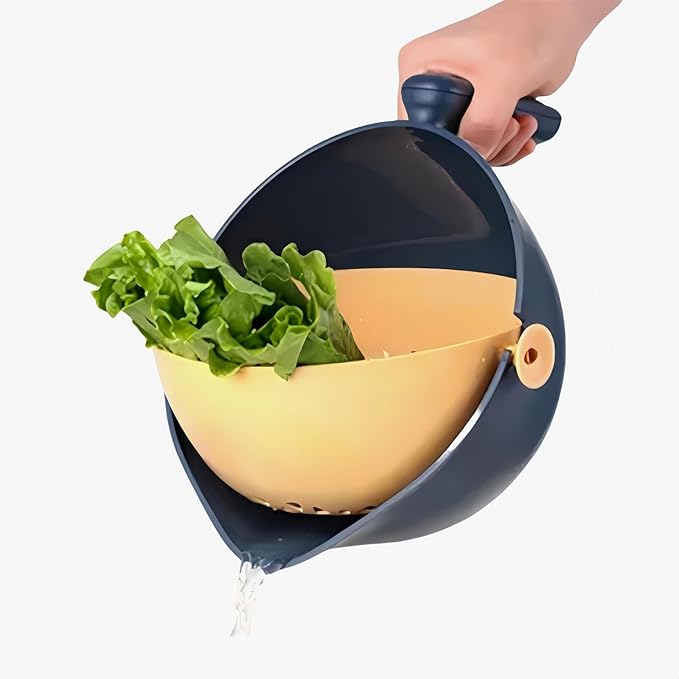 2-1 Colander for Kitchen-Rotatable Strainers-Food Strainers and Colanders-Pasta Strainer-fruit colander-strainer with handle-Kitchen Gadget Essentials (Navy Blue)
