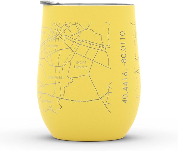 Well Told Engraved Pittsburgh Pennsylvania Map Insulated Wine Tumbler, Etched Stainless Steel Cup (12 oz, Sunrise Yellow) City Map Insulated Tumbler, Custom Insulated Tumbler, Outdoor Drinkware