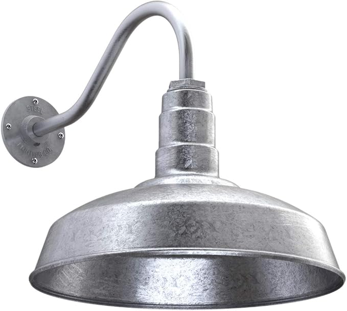 Steel Lighting Co. | Dusk to Dawn | Gardena Barn Light | Outdoor Wall Mounted | 16" Dome | 16" Gooseneck | Farmhouse Light Made in America | Galvanized Exterior/Galvanized Interior