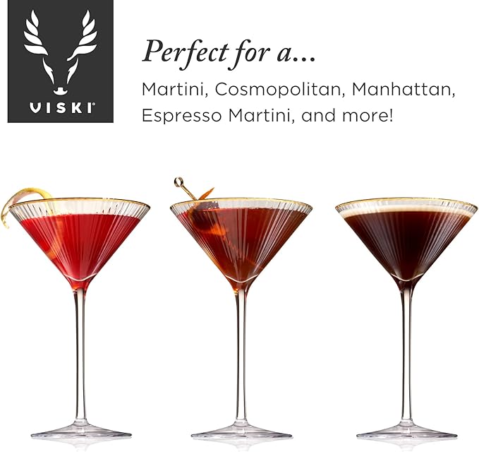 Viski Meridian Martini Glasses - Stemmed Fun Cocktail Glasses - Art Deco Ripple Gold Rimmed Crystal Glassware - 7.8oz Set of 2