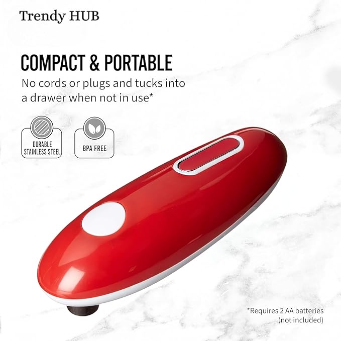 Automatic Electric Can Opener Red – Hands-Free, One-Touch Can Opening for Seniors, Arthritis-Friendly, Smooth Edge, Battery Operated, Safe Compact Kitchen Gadget for Home Use.